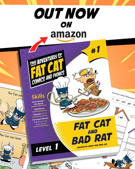 The Adventures of Fat Cat Comics and Phonics book #1, Fat Cat and Bad Rat — cover art with Fat Cat in chef’s hat and blue mask, sample comic and worksheet pages, Out now on Amazon